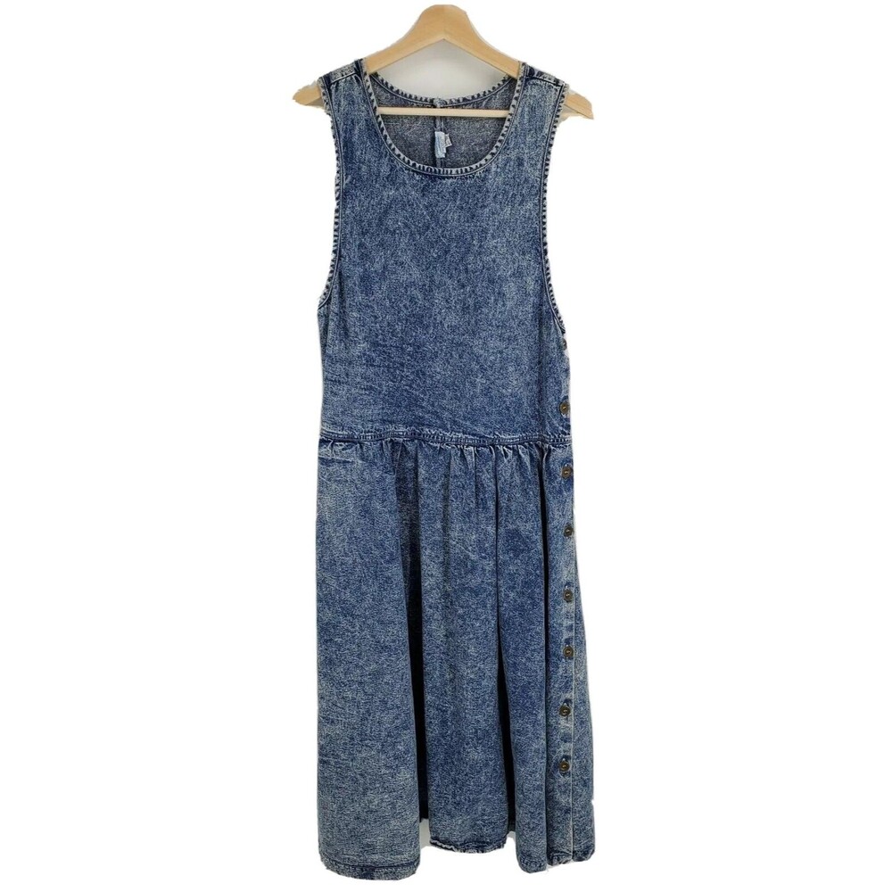 Vintage Oshkosh Womens Acid Wash Denim Maxi Dress Jumper Size 8 Full Side Button